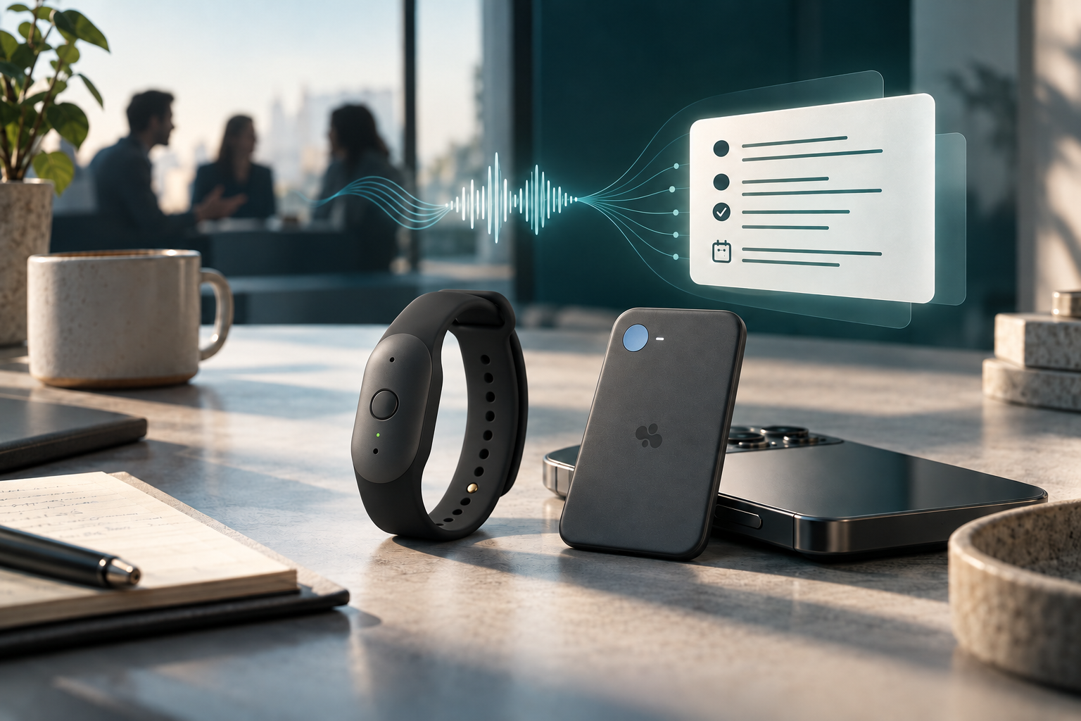 Bee Frontier with a black silicone wristband and Bee Eclipse with a blue button beside a smartphone — illustration based on official Amazon images.